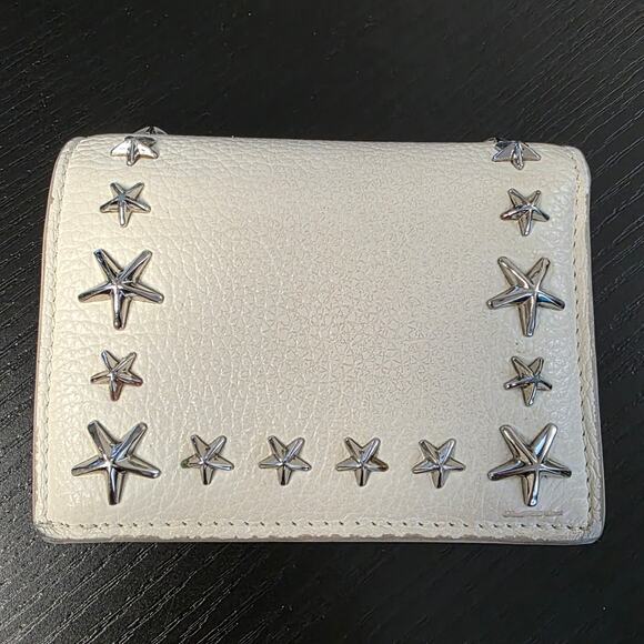 Jimmy Choo London Hanne Leather Cream Green Bifold Card Coin Wallet Silver Stars - Picture 2 of 15